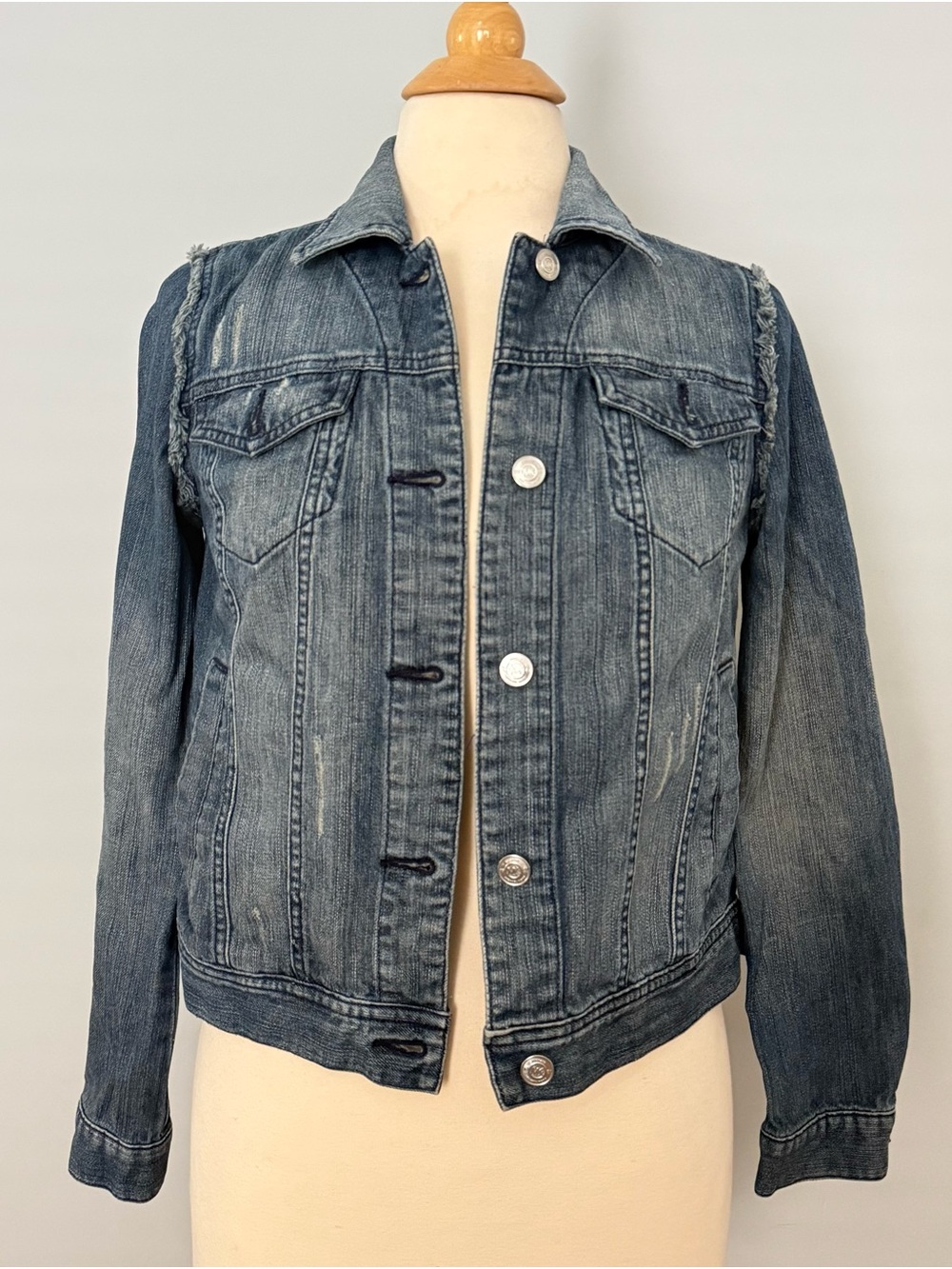 MICHAEL Michael Kors Distressed Medium Blue Denim Jacket